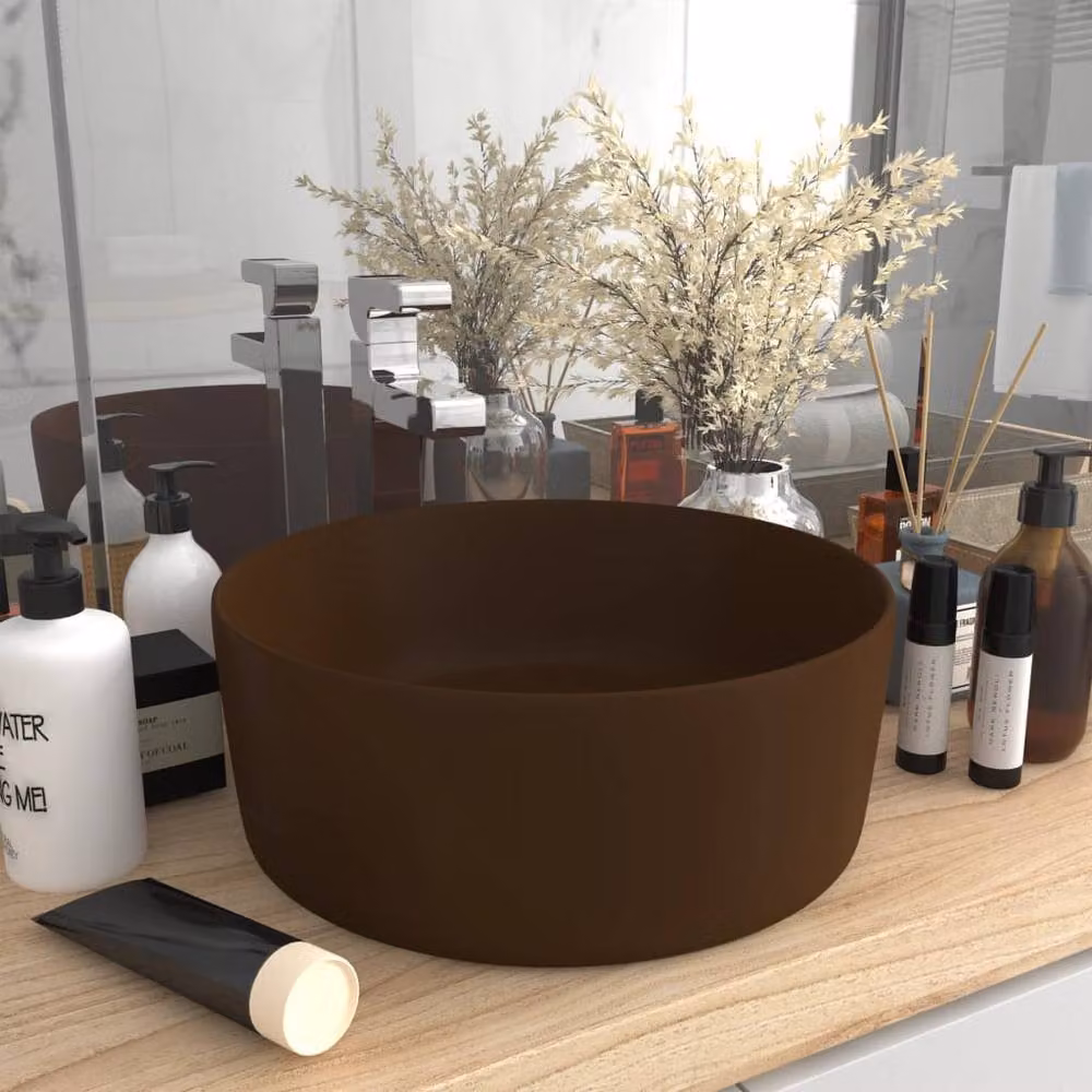 Berkfield Home Luxury Round Ceramic Wash Basin in Matt Dark Brown, W/D/H: 40 x 40 x 15 cm – 2