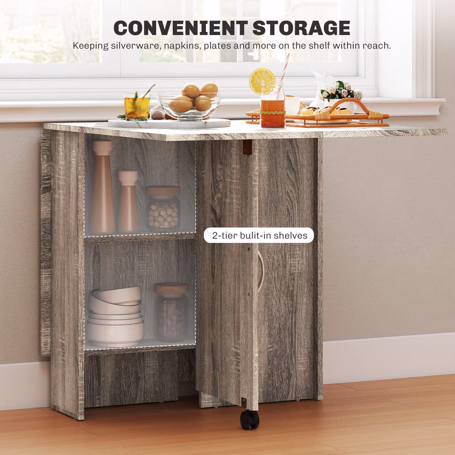 HOMCOM Grey Folding Kitchen Dining Table with 2-tier Shelves and Rolling Casters – 4