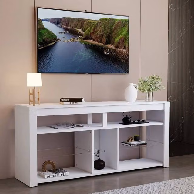 KORVIXA LED Tall Entertainment Center and 55 inch Media TV Stand in White, W/D/H: 100 x 100 x 100 cm