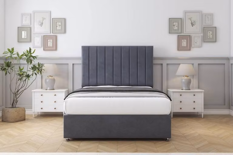 Sloomy Kansas Plush Super King Divan Set with 26 inch Headboard in Dark Grey Velvet Fabric