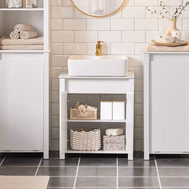 SoBuy Modern White Under Sink Bathroom Cabinet with Hinged Doors and Internal Shelves