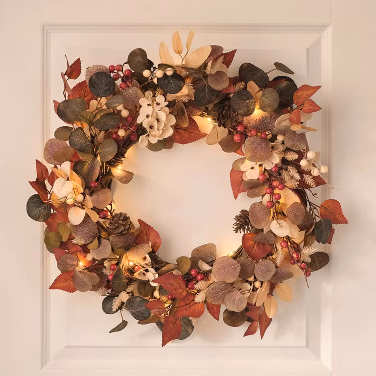 Lights4fun Berry Harvest Autumn Wreath with White and Multicolour Pre-Lit Lights, Diameter: 35 cm