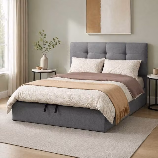 STILVORA Double Ottoman Bed with Storage in Grey Linen, W/D/H: 140 x 190 x 136 cm