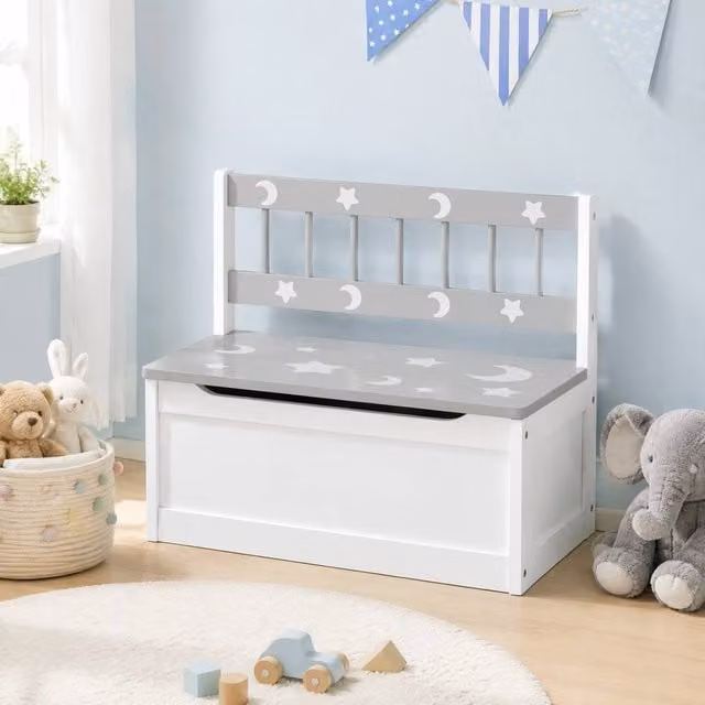 STILVORA Kids Storage Bench with Soft Close Safety Lid in Grey and White