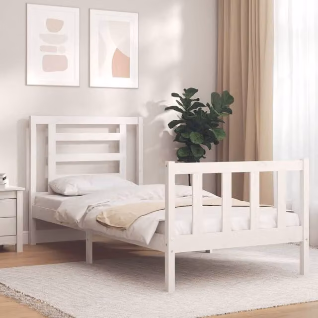 Berkfield Home Single Solid Pine Wood Bed Frame with Headboard in White