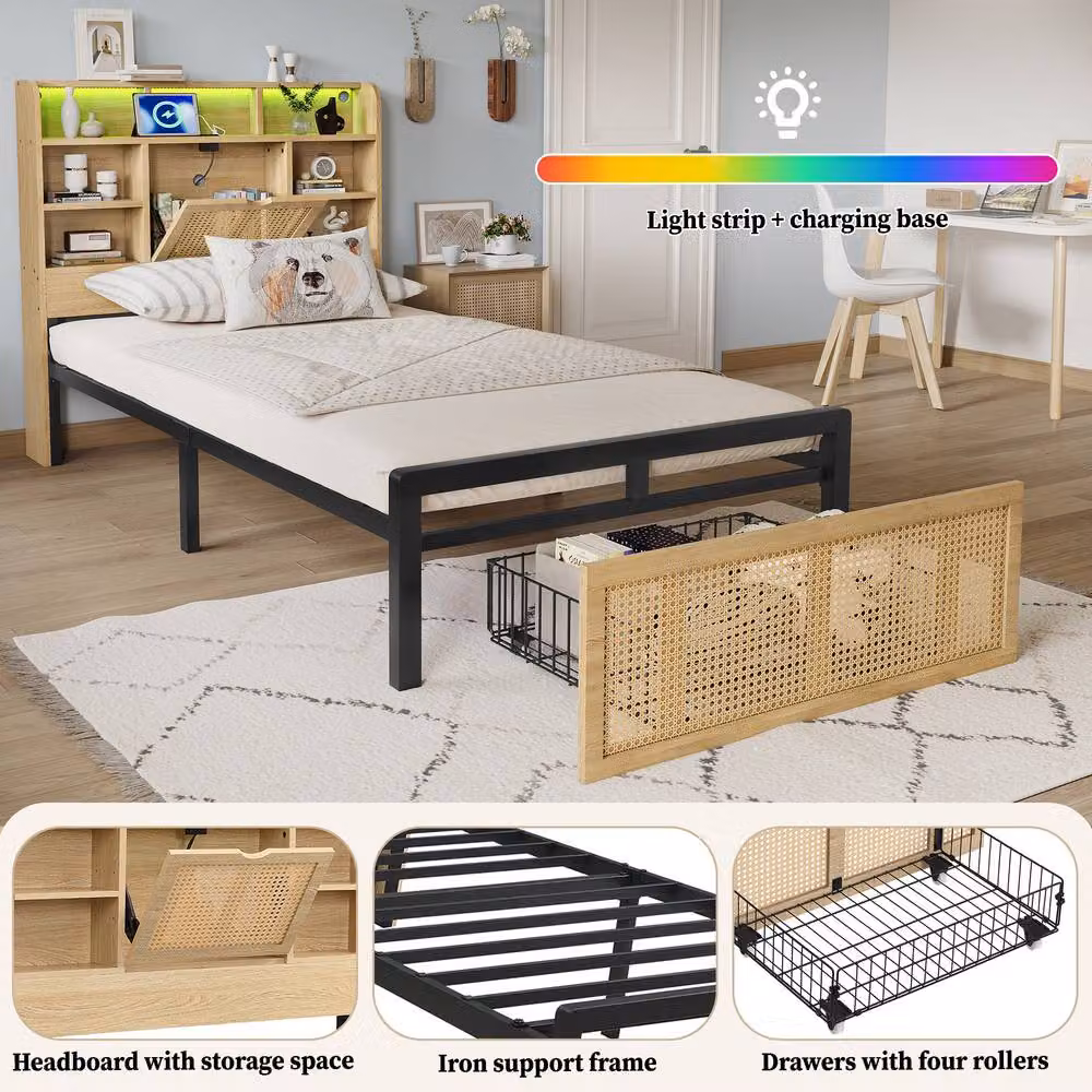 Matteo Wooden Single Bed with Smart Headboard, LED, USB Charging Port and Rattan Storage Drawers in Sand/Beige, W/D/H: 90 x 190 x 104.5 cm – 4