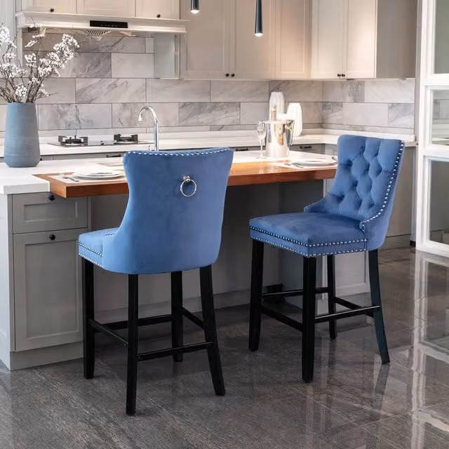 Modern Home Touch Romsey Set of 2 Blue Velvet Bar Stools with Oak Legs