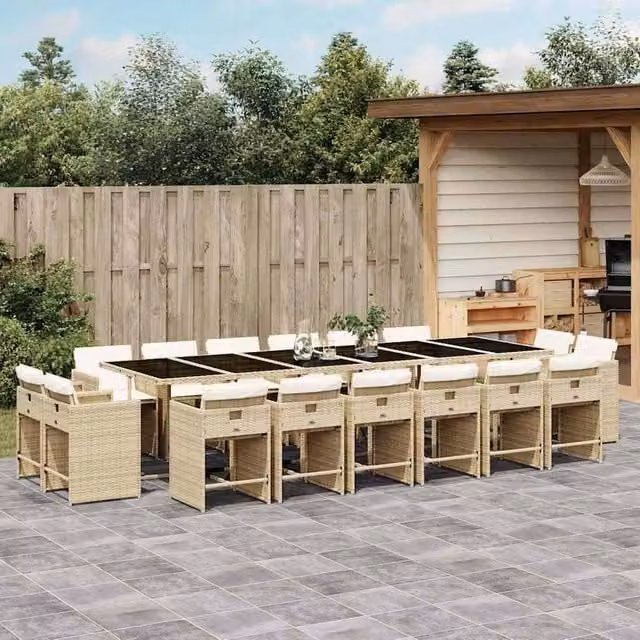 Berkfield Home 17 Piece Beige Poly Rattan Garden Dining Set with Cushions and Glass Table