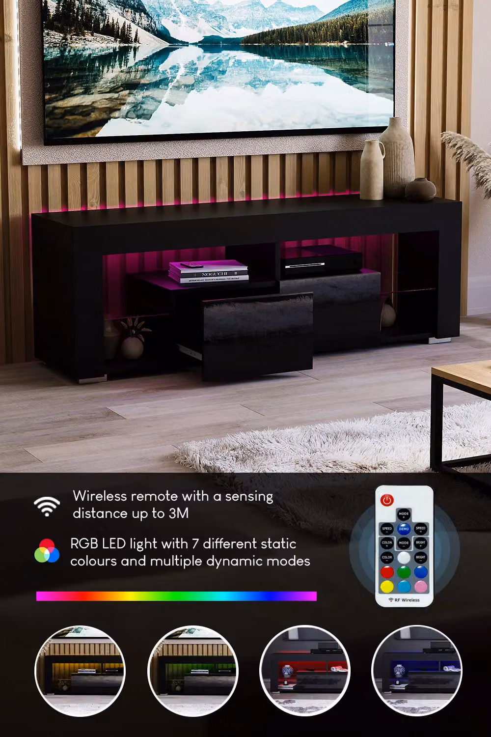 Vida Designs Luna Modern 2 Drawer LED TV Unit with Integrated Lighting and Glass Details in Black – 3
