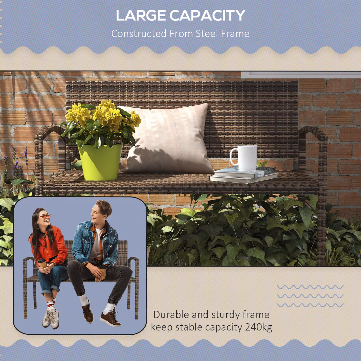 Outsunny Brown Poly Rattan 2 Seater Garden Loveseat with Armrests and Cushions – 6