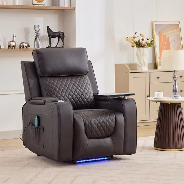 Artemis Home Byron Electric Riser Recliner Chair with Massage, Heat, Drink Cooler and Table in Brown Synthetic Leather
