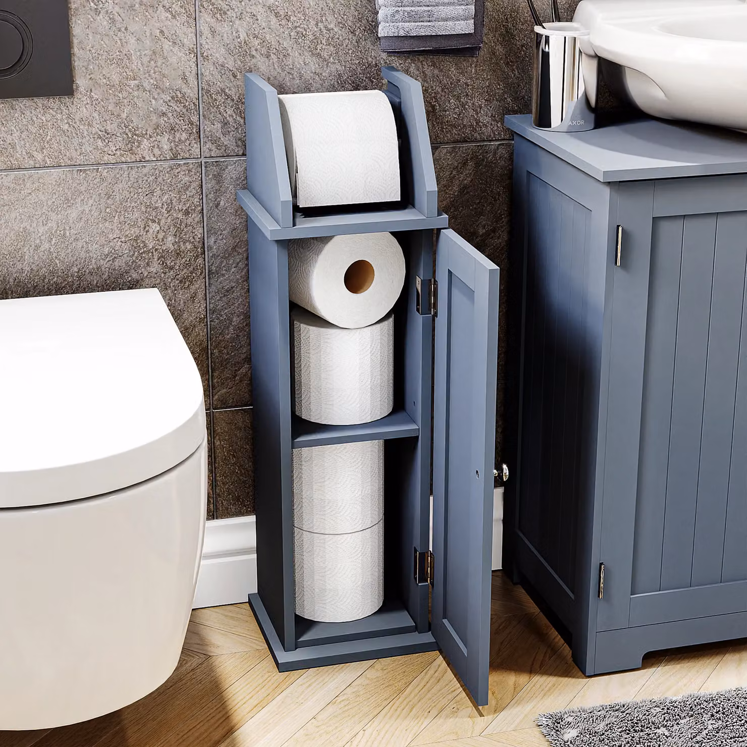 Bath Vida Freestanding Toilet Roll Holder and Cupboard Bathroom Storage, Grey, H 68 x W 21 x D 18 cm – 3