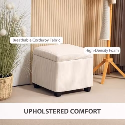 HOMCOM Corduroy Storage Ottoman Bench in Beige with Wooden Legs, W/D/H: 40 x 40 x 40 cm – 2