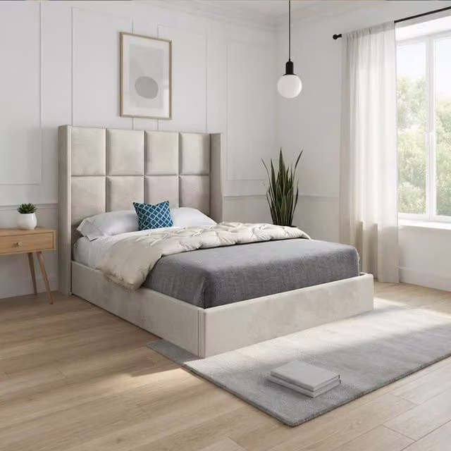 KDMD Stafford Winged Upholstered Designer Bed Frame in Beige Soft Velvet, Small Double, W/D/H: 137 x 128 x 120 cm – 1