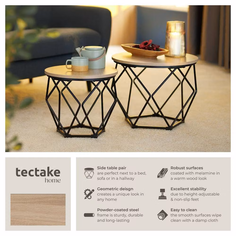 tectake Benham 2-Piece Round Nested Coffee Table Set in Light Oak and Black – 2