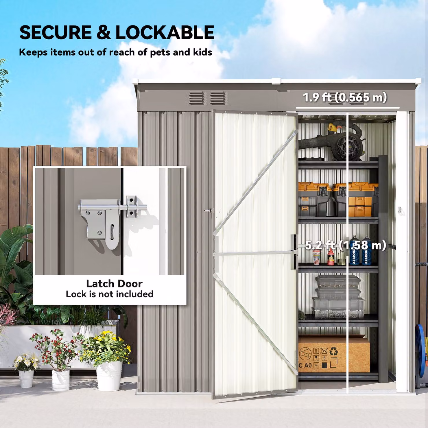 Outsunny Grey Lean-to Garden Storage Shed with Lockable Hinged Doors and Side Vents, W/D/H: 152.4 x 91.44 x 152.4 cm – 5