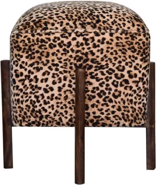 KDMK Leopard Print Velvet Rectangular Footstool with Solid Wood Legs in Brown and Multicolour