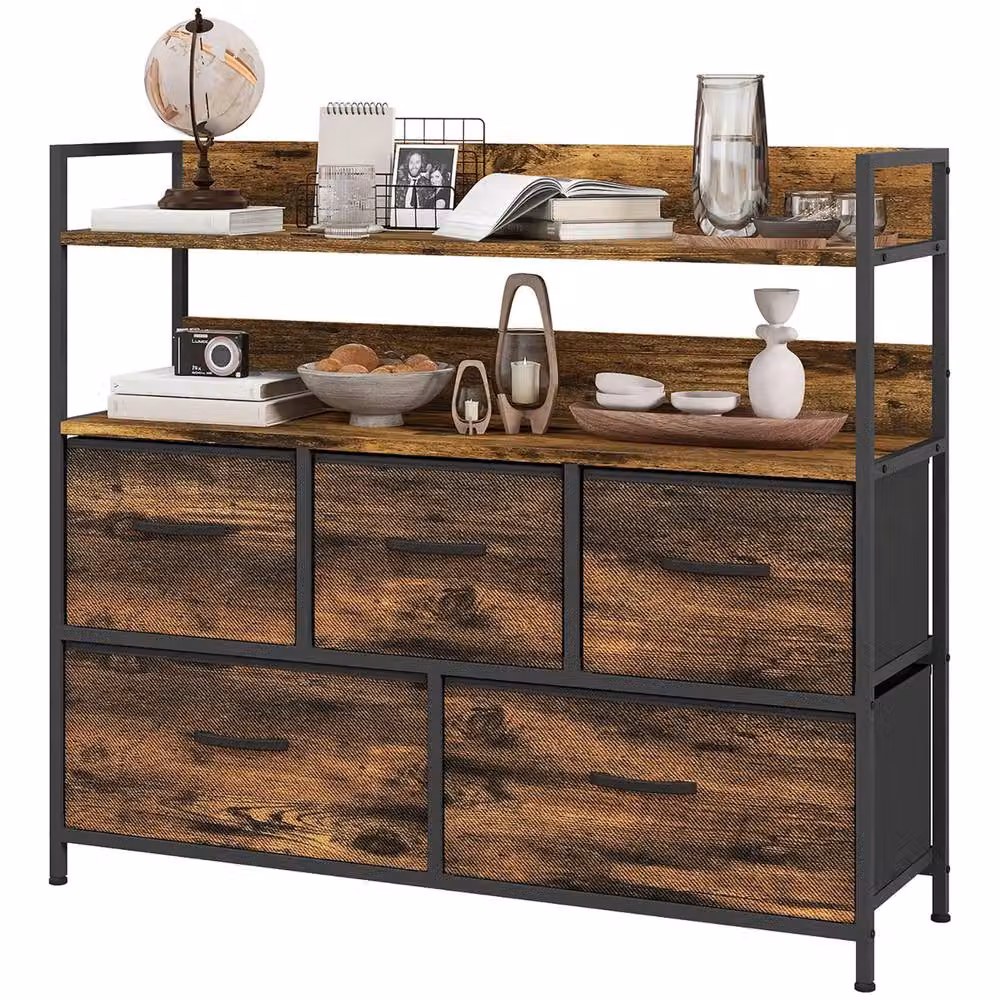 FURNOS Industrial 5 Drawer Chest Storage Unit with Shelves in Brown and Black – 4