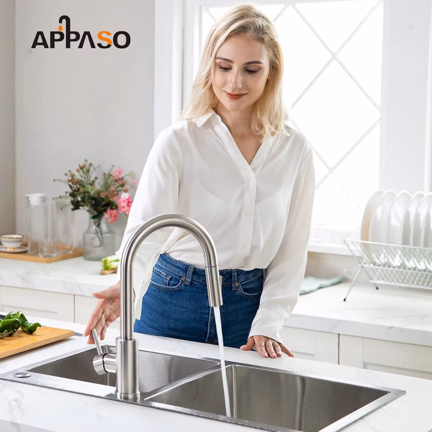 Appaso Single Lever Kitchen Mixer Tap with Pull Out Spout and 2 Spray Modes in Brushed Silver Stainless Steel W/D/H: 36.5 x 17.0 x 20.0 cm – 2