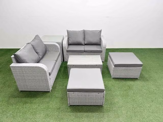 Fimous 6 Seater Rattan Garden Furniture Set in Light Grey with L-Shape Sofa, Coffee Table and Ottoman