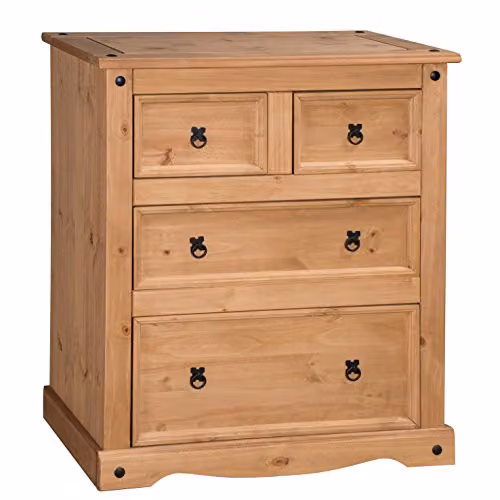 Mercers Furniture Corona 2+2 Solid Wood Pine Chest of Drawers in Brown with Light Fiesta Wax, H 103 cm x W 92 cm x D 48 cm
