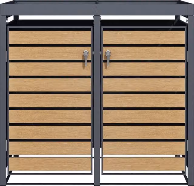 The Garden Furniture Centre Double Wood Effect Galvanised Steel Wheelie Bin Storage Cover with Planter in Anthracite Grey