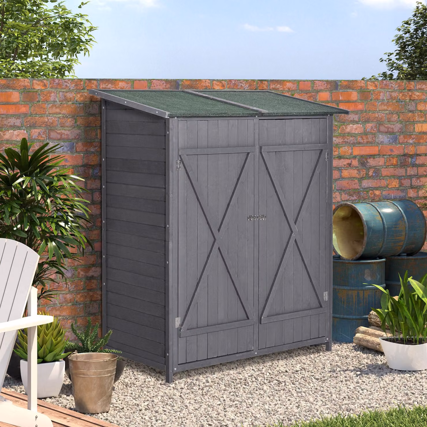 Outsunny Grey Wooden Garden Storage Shed with Lockable Double Doors and Storage Table, W/D/H: 139 x 75 x 160 cm – 2