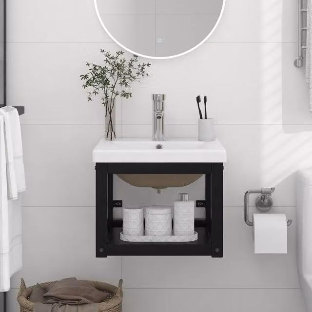 Berkfield Home Modern Bathroom Washbasin Frame with Built-in Ceramic Basin in Matt Black Metal – 1