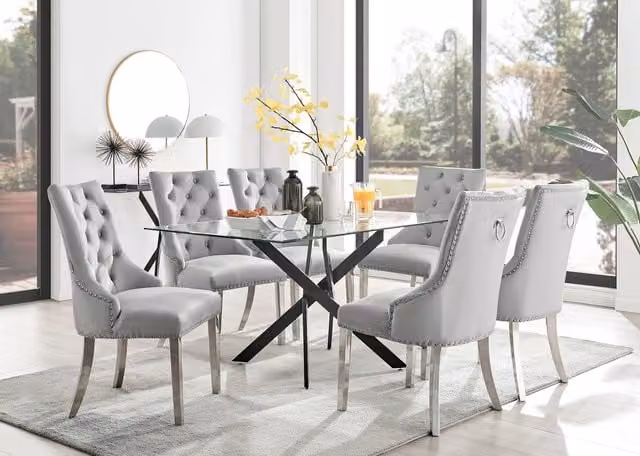 FurnitureboxUK Leonardo Glass Dining Table with 6 Grey Belgravia Chairs