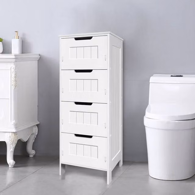 KORVIXA 4 Drawer White Wooden Bathroom Organiser Storage, W: 70 cm, H: 75 cm