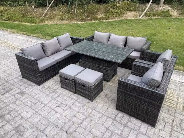 Fimous 10 Seater Dark Grey Wicker PE Rattan Garden Furniture Set with Adjustable Rising Lifting Dining Table