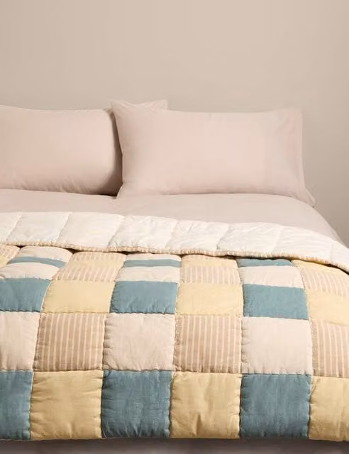M&S Quilted Pure Cotton Patchwork Bedspread in Blue Multicolour