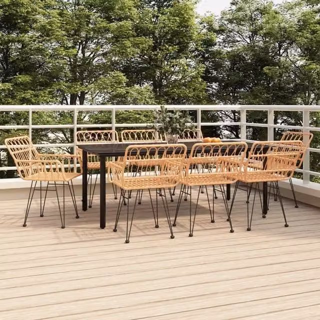 Berkfield Home 9 Piece Brown Poly Rattan Garden Dining Set with Metal and Glass Details – 1