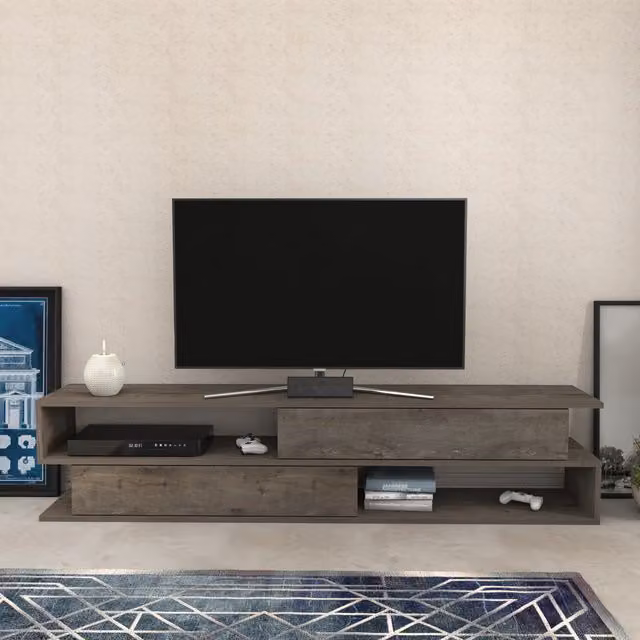Decorotika Modern Geometric Wood TV Unit in Brown and Green