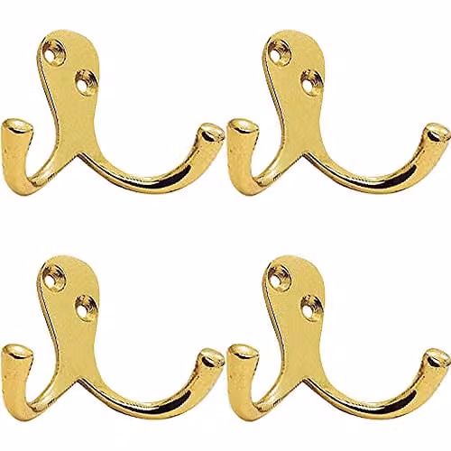 Loops 4 Pack Victorian One Piece Double Wall Mounted Bathroom Robe Hook, Polished Brass, 26mm Projection