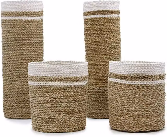 KDMD Brown Rattan Seagrass Vase and Bin Set with Striped Boho Design