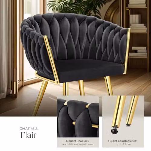 tectake Set of 2 Astano Dining Chairs with Velvet Fabric and Knot Design in Black and Gold – 5