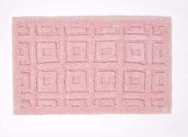 Homescapes Pink Cotton Blend Bath Mat with Geometric Square Tile Design, W/D/H: 80 x 50 x 1 cm