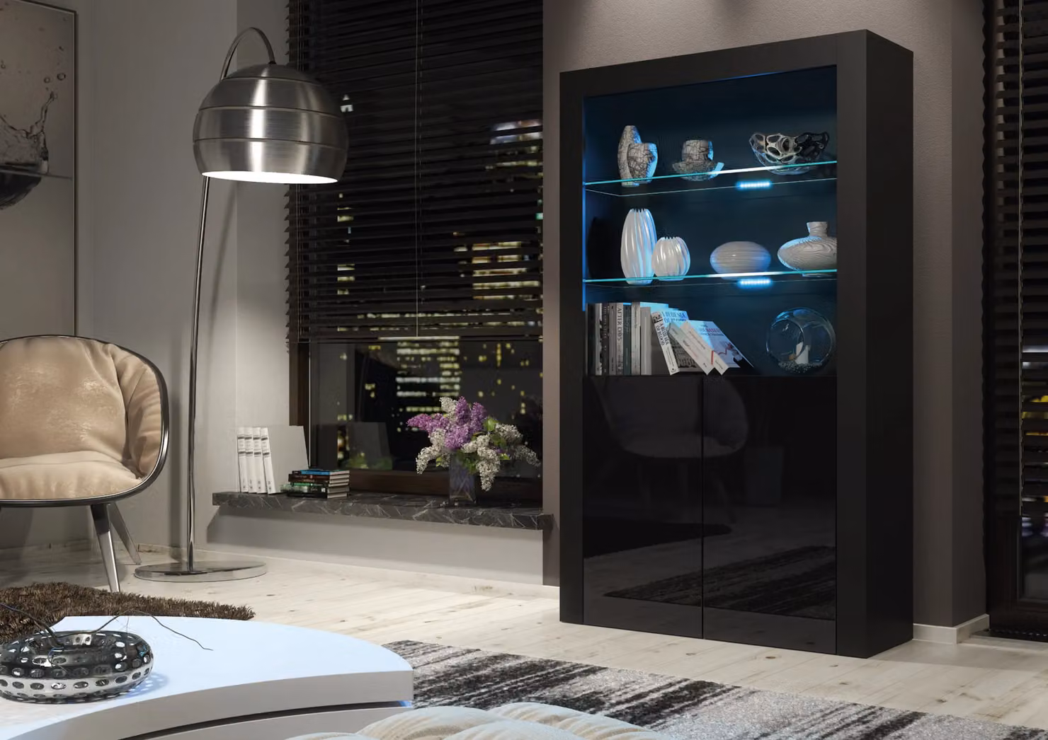 Mex Furniture LTD Modern Black Glossy Display Cabinet with LED Lights and Glass Doors, Height: 170 cm – 3