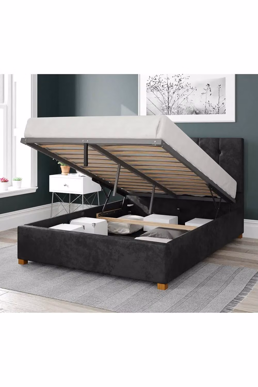 Aspire Hepburn King Size Upholstered Ottoman Storage Bed in Black Mirazzi Velvet Fabric – 2