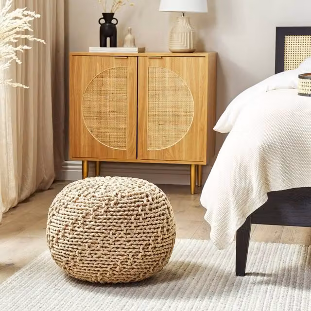 Wyld and Coco Round Pouf Ottoman in Beige, Knitted Cotton with EPS Beads, Diameter: 50 cm, Height: 35 cm – 1