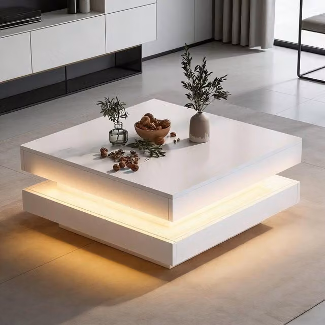 BTM Square LED Coffee Table with 360 Degree Rotating Top in White, W/D/H: 70 x 70 x 36 cm