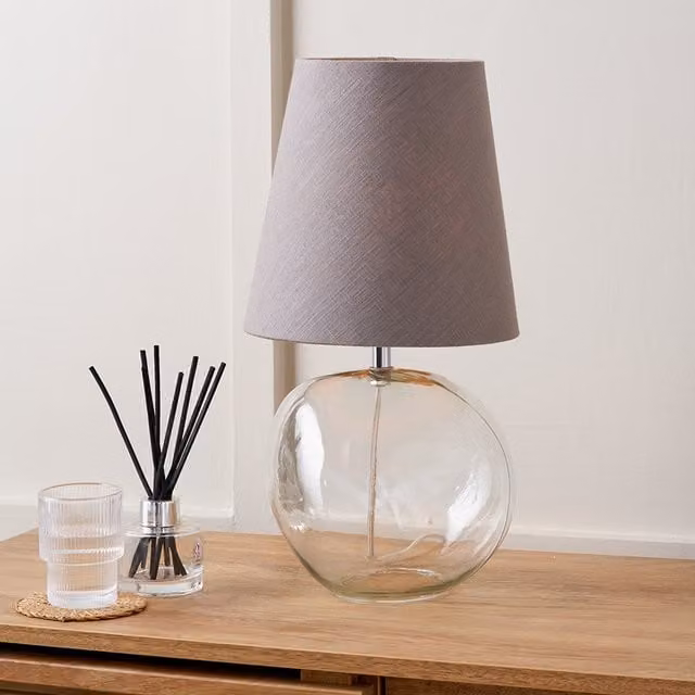 Pacific Lifestyle Modern Round Glass Table Lamp with Fabric Shade in Transparent and Grey