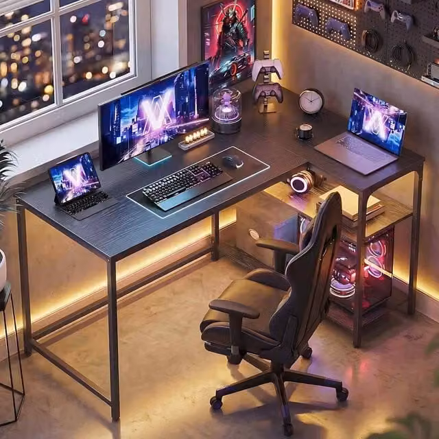 The Bazaarist Corner Gaming Desk with Adjustable Storage Shelves in Jet Black – 1