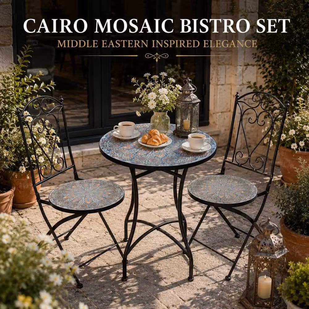 Shatchi Mediterranean Outdoor Mosaic Bistro Set with Multicolour Ceramic Table and 2 Folding Powder Coated Steel Chairs – 4