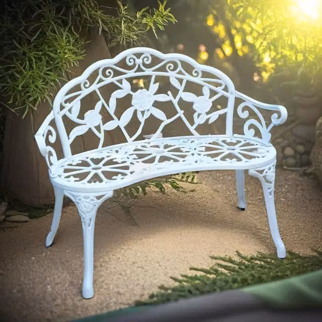 FURNOS White Metal Garden Bench with Antique Floral Rose Petal Detail – 1