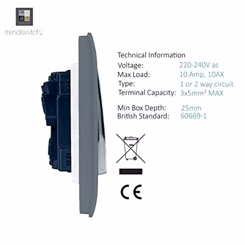 Trendi Modern Grey Plastic Flush Plate Light Switch – 3
