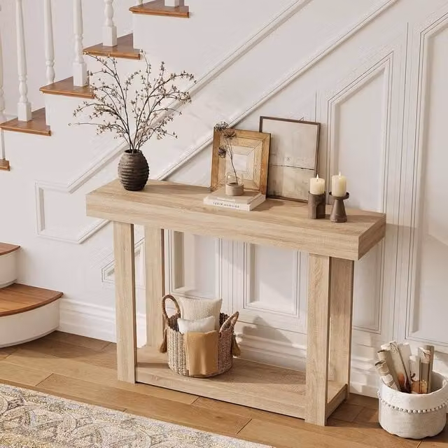 London Boutique Narrow Wooden Console Table with Storage Shelf in Natural Beige, W/D/H: 117.5 x 22.68 x 81.0 cm