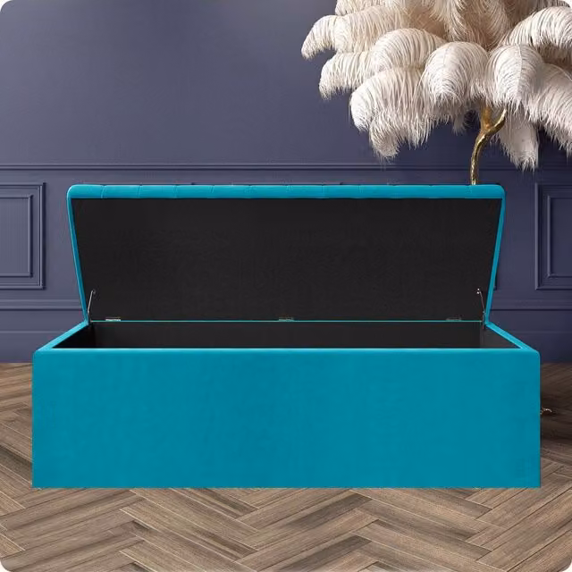 R&M Furnishers Modern Striped Plush Velvet Upholstered Blanket Chest in Petrol Teal