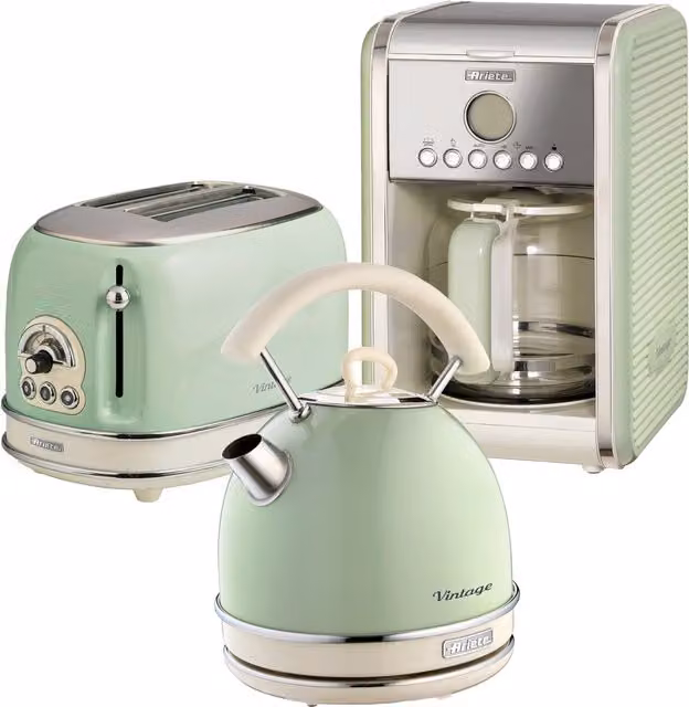 Ariete Retro Kitchen Set in Green with Dome Kettle, 2 Slice Toaster and Filter Coffee Maker